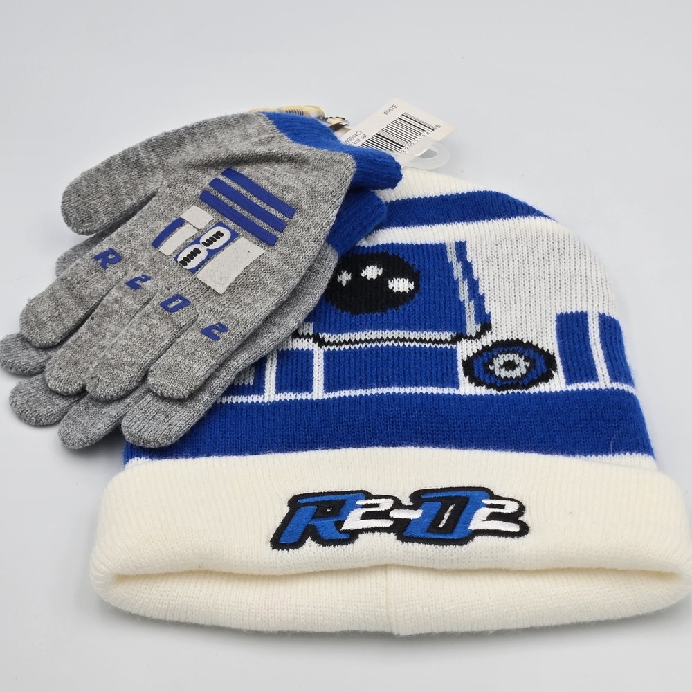 Star Wars R2D2 Youth Knit hat beanie gloves Set Blue, White, Gray Stretch